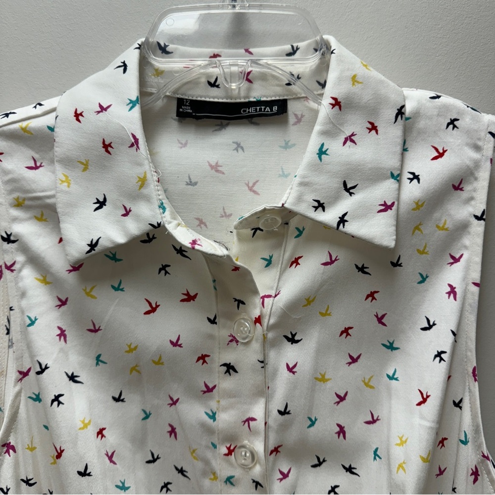 NWT Chetta B White Bird Print Sleevelss Button Down Front Closure Dress Size 12 - Picture 6 of 9
